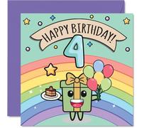 4th Birthday Card - Cute Rainbow Present Balloons Cake - Happy Birthday Cards for Age 4 Boys Girls Boy Girl, 145mm Bday Greeting Cards