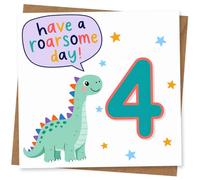 4th Birthday Card for Boy or Girl, Cute Dinosaur Design with 'Have a Roarsome Day' Message, Colourful Children's Birthday Greeting Card