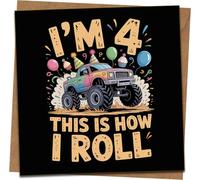 4th Birthday Card for Boy or Girl - Monster Truck ‘I’m 4 This Is How I Roll’ Funny Kids Greeting - 145mm x 145mm Square - Includes Kraft Envelope