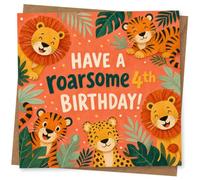 4th Birthday Card for Boy or Girl, Roarsome Jungle Animals | Playful “Have a roarsome 4th birthday!” text with cute lions and tigers, plus tropical leaves and confetti dots.