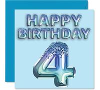 4th Birthday Card for Boys - Blue Glitter Party Balloon - Happy Birthday Cards for 4 Year Old Boy Grandson Son Brother Nephew, 145mm Bday Greeting Cards Gift