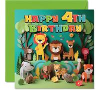 4th Birthday Card for Boys Girls - Jungle Animals - Happy Birthday Card 4 Year Old Boy Girl, Cards for Him Her, 145mm Greeting Cards Nephew Niece Children Kids (NOT 3D POP UP)