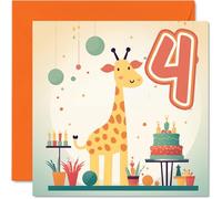 4th Birthday Card for Boys Girls - Safari Giraffe - Happy Birthday Card 4 Year Old Boy Girl, Cards for Him Her, 145mm Greeting Cards Niece Nephew Kids Children