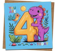 4th Birthday Card for Boys or Girls - Cute Dinosaur Kids Greeting - You Are 4 Today - 145mm x 145mm Square - Includes Kraft Envelope - Fun Children’s Age 4 Birthday Card