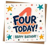 4th Birthday Card for Child, Big 4 and FOUR TODAY! Stars | Celebrate a 4th birthday with a bold “4” and “FOUR TODAY!” message, finished with colourful stars and playful dots.