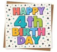 4th Birthday Card for Child, Colourful Lettering, Confetti | For a Child’s 4th: bold ‘Happy 4th Birthday’ in multicolour block letters, with scattered confetti dots and triangles.