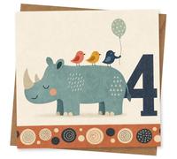 4th Birthday Card for Child, Cute Rhino and Birds Balloon Design, Age 4 Birthday Card for Boy or Girl