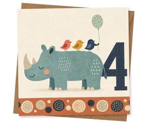 4th Birthday Card for Child, Cute Rhino and Birds Balloon Design, Age 4 Birthday Card for Boy or Girl