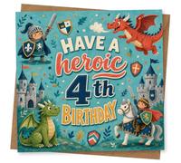 4th Birthday Card for Child, Knights, Dragons and Castles | Playful medieval scene of knights, castles, shields and friendly dragons, celebrating a Child’s 4th birthday.