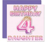 4th Birthday Card for Daughter - Pink & Purple Glitter Balloons - Happy Birthday Cards for 4 Year Old Daughter from Mum Dad Mummy Daddy Parents, 145mm Bday Greeting Cards Gift