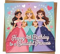4th Birthday Card for Girl - Princess Theme Square Greeting Card, 145mm x 145mm, Happy 4th Birthday to a Beautiful Princess, Includes Kraft Envelope - Daughter, Granddaughter, Niece