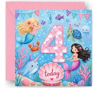 4th Birthday Card for Girls - Four Today - 4 Years Old - Mermaid Design - Happy Fourth Birthday Card for Granddaughter Niece Daughter - Includes Pink Envelope - 14cm