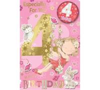 4th Birthday Card for Girls, Pink and Gold Design with Badge, Especially For You