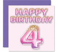 4th Birthday Card for Girls - Pink & Purple Glitter Balloons - Happy Birthday Cards for 4 Year Old Girl Daughter Sister Granddaughter Cousin, 145mm Bday Greeting Cards Gift