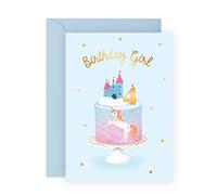 4th Birthday Card for Girls - Unicorn and Castle Cake - Cute Card for Daughter, Niece, Granddaughter, Children, Child, Kids - Age 4, Turning Four Years Old - Comes with Fun Stickers
