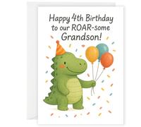 4th Birthday Card for Grandson - Cute Dinosaur Design - Happy 4th Birthday to our ROAR-some Grandson - Kids Birthday Card from Grandparents - Age 4 Boys Card