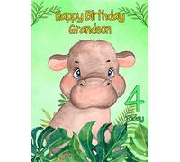 4th Birthday Card for Grandson (Hippo) - From Grandad Grandma Greeting Gift Keepsake Blank Inside Animal Lover Premium Quality Envelope Included UK Seller