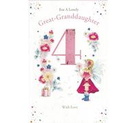 "4th Birthday Card for Great Granddaughter - Cute Fairy Design with Flowers & Gift - Special Greeting Card with Love"