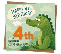 4th Birthday Card for Great Grandson, Cute Dinosaur Design | Blank inside for your own message; premium 360gsm card with matching envelope, designed and printed in the UK