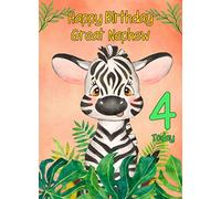 4th Birthday Card for Great Nephew (Zebra) - From Auntie Uncle Greeting Gift Keepsake Blank Inside Premium Quality Envelope Included UK Seller