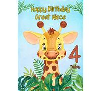 4th Birthday Card for Great Niece (Giraffe) - From Auntie Uncle Greeting Gift Keepsake Blank Inside Animal Lover Premium Quality Envelope Included UK Seller