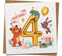 4th Birthday Card for Kids - Age 4 Balloon Number with Cute Animals, Boy or Girl, 'Four Today' - Square 145mm x 145mm Greeting Card with Kraft Envelope