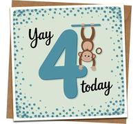 4th Birthday Card for Kids - Yay 4 Today Monkey Design, Age 4, 145mm x 145mm, Includes Kraft Envelope, Cute Fun Card for Boy or Girl