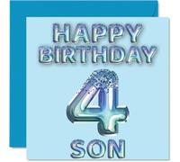 4th Birthday Card for Son - Blue Glitter Party Balloons - Happy Birthday Cards for 4 Year Old Son from Mum Dad Parents, 145mm Bday Greeting Cards Gift