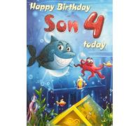 4th Birthday Card for Son - Fun Underwater Theme with Shark & Octopus - Glitter Finish - Happy Birthday Greeting for 4-Year-Old Boy