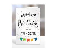 4th birthday card for twin sister, gifts for girl, girls, her, female, child, presents for women, from mum, dad, step, bonus, Happy to you, 4 years old, A5-163n_4
