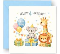 4th Birthday Card Gift Boy - Four Today - Cute Watercolour Jungle Animals Design - Happy Forth Birthday Greeting Card for Grandson Nephew Son or Boys - Includes Blue Envelope - 14cm