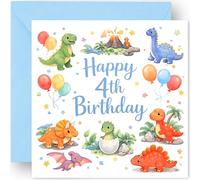 4th Birthday Card Gift for Boys - Four Today - 4 Years Old - Cute Dinosaur Design - Happy Fourth Birthday Greeting Card for Grandson Nephew Son Toddler or Boys - Includes Blue Envelope - 14cm