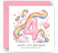 4th Birthday Card Gift for Girls - Four Today - 4 Years Old - Rainbow Unicorns Design - Happy Fourth Birthday Card for Granddaughter Niece Daughter Toddler - Includes Pink Envelope - 14cm
