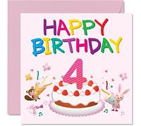 4th Birthday Card Girl - Critter Party Birthday Card - Happy 4 Year Old Girl, Girls Cards for Her, 145mm Greeting for Daughter Niece Granddaughter Kid Children