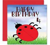 4th Birthday Card - Ladybug Birthday Card - Happy 4 Year Old Boy Girl, Cards for Him or Her, 145mm Greeting for Son Daughter Nephew Grandson Granddaughter Children