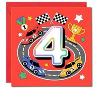 4th Birthday Card - Racing Cars, Chequered Flags and Trophy, Colourful Age 4 Design for Children - Square 145mm x 145mm, Includes Red Envelope
