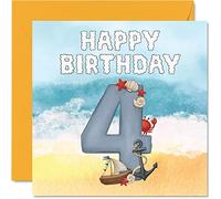 4th Birthday Card Unisex - Seaside Beach - Happy Birthday Card 4 Year Old Boys Girls, 145mm Greeting for Son Daughter Brother Sister Grandson Granddaughter Niece Nephew Cousin