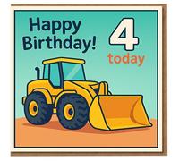 4th Birthday Card - Yellow Digger Front Loader - Happy Birthday 4 Today - Fun Construction Vehicle Kids Card