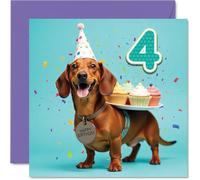 4th Birthday Cards for Girls Boys - Party Dog - Happy Birthday Card for 4 Year Old Girl Boy Nephew Cousin Niece Sister, 145mm Bday Greeting Cards