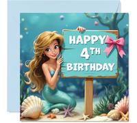 4th Birthday Cards for Girls - Mermaid Sign - Happy Birthday Card for 4 Year Old Girl Daughter Niece Cousin Sister, 145mm Bday Greeting Cards