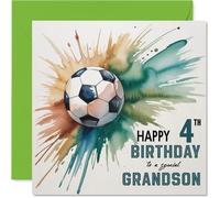 4th Birthday Cards for Grandson - Watercolour Football Splash - Happy Birthday Card for 4 Year Old Grandson from Grandad Grandma Nan, 145mm Bday Greeting Cards