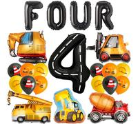 4th Birthday Construction Decorations Boys - 22 Pieces Vehicle Party Decoration Black Letter Four Balloons Digger Excavator Crane Cement Truck Bulldozer Balloon for Kids 4 Year Old Party Supplies