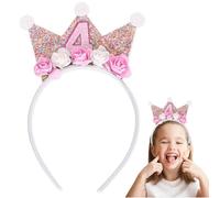4th Birthday Crown Headband for Kids Glitter Flower Princess Tiara Hair Band 4 Year Old Happy Birthday Crown Hat Cap Hair Accessory for Toddlers Girls Party Decorations