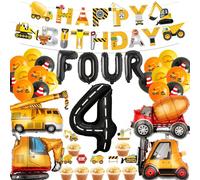 4th Birthday Decorations Boy Balloons - 35 Pcs Excavator Balloon Banner Cake Toppers Number Letter 4 Party Supplies Truck Bulldozer Crane Digger Construction For 4 Years Old Boys Birthday Party