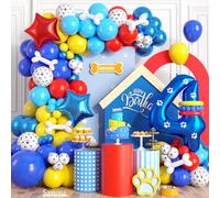 4th Birthday Decorations Boy, Dog Paw Fourth Birthday Balloons Arch with Red Blue Yellow Latex Balloon and Long Balloon Number 4 Balloon Star Foil Balloon for Paw Birthday Party Supplies