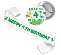 4th Birthday Decorations Boy Set - 2 Pcs Dinosaur Themed Decorations with Happy 4 th Birthday Sash Roar I'm 4th Badge for Four Years Old Boys Party Supplies Decor