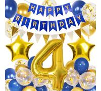 4th Birthday Decorations Boys, Navy Blue Gold Balloons and Happy Birthday Banner, 40 Inch Number 4 Foil Balloons with Bunting, for Boys Girls Decoration