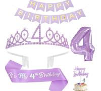 4th Birthday Decorations for Girls - Includes Sash, Tiara, Candles, Banner, Cake Toppers & 32in Digital Balloons