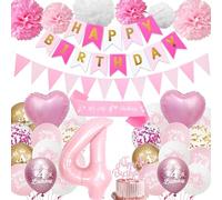 4th Birthday Decorations for Girls Pink - Happy 4th Birthday Party Number 4 Balloon Latex Balloons Banner Pennant, Cake Topper Sash Tissue Paper Pom Poms for 4-Year-Old Decoration Supplies