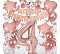 4th Birthday Decorations for Girls, Rose Gold 40 Inch Age 4 Foil Balloons with Happy Birthday Banner and Butterfly Stickers, for Baby Shower, Girls Women Party Decorations